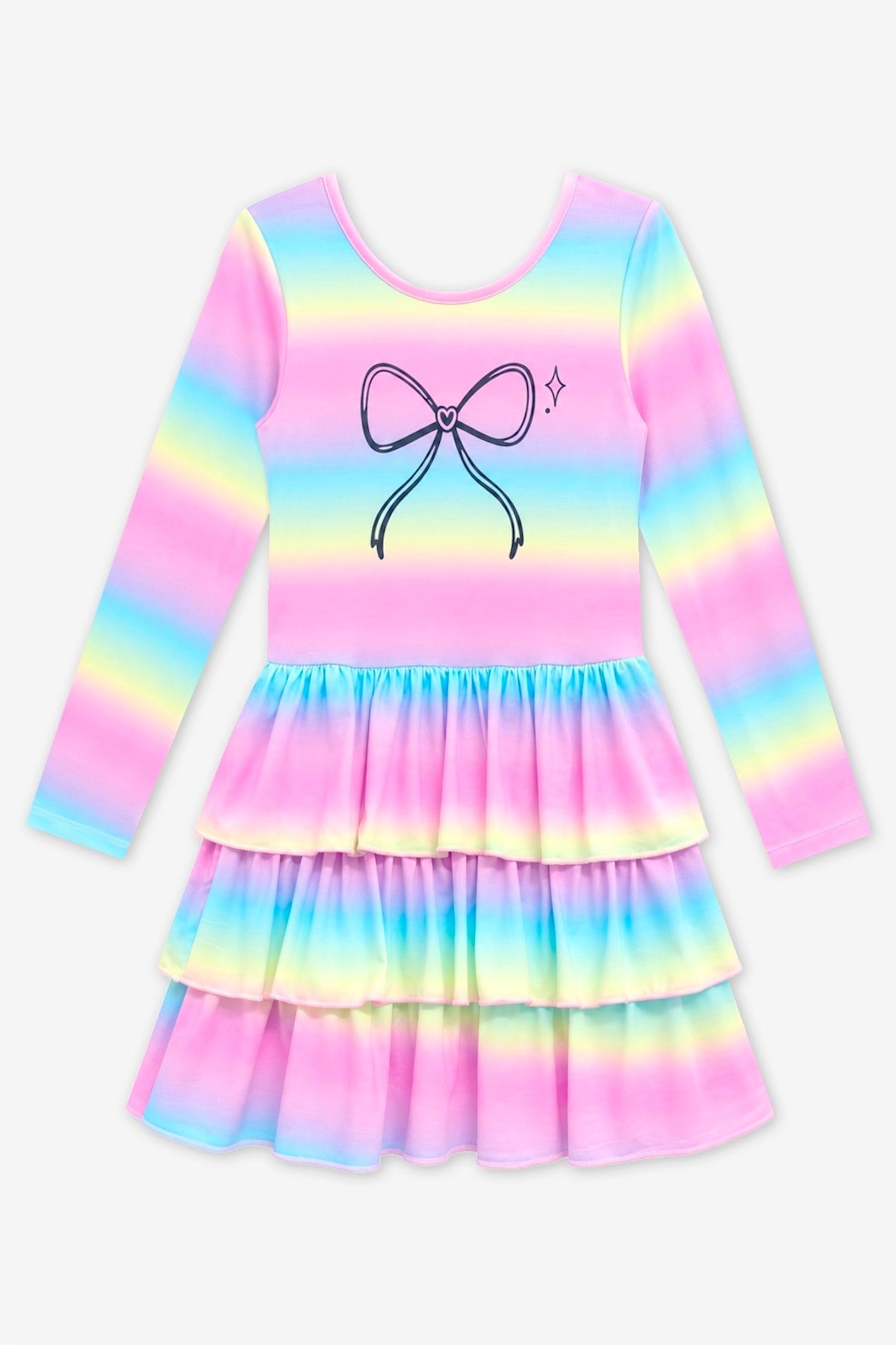 Simply Soft Long Sleeve Triple Ruffle Skirt Dress - Denim Rainbow Splatter - NEW!
