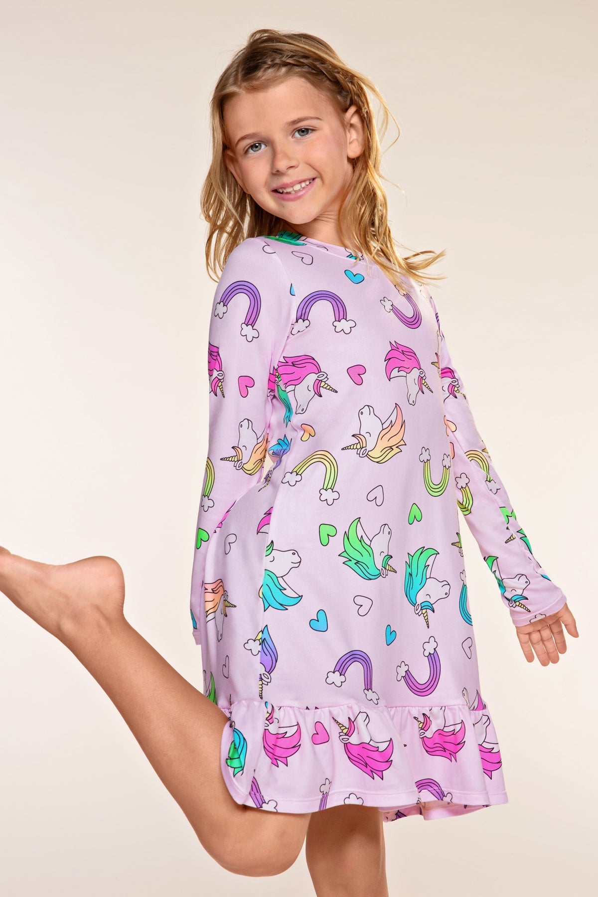 Simply Soft Long Sleeve Ruffle Lounge Dress - Pink Rainbow Unicorn - NEW!