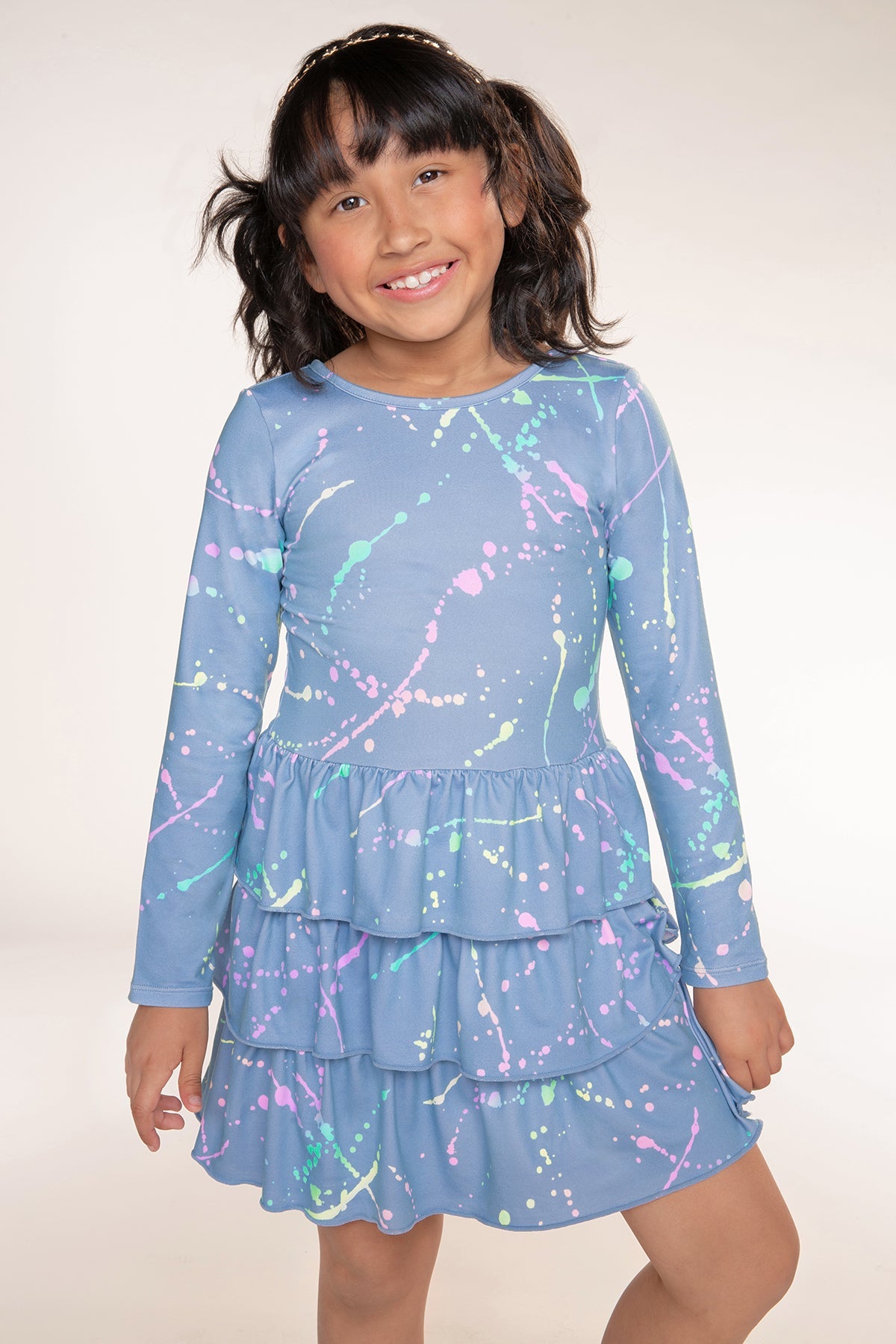 Simply Soft Long Sleeve Triple Ruffle Skirt Dress - Denim Rainbow Splatter - NEW!