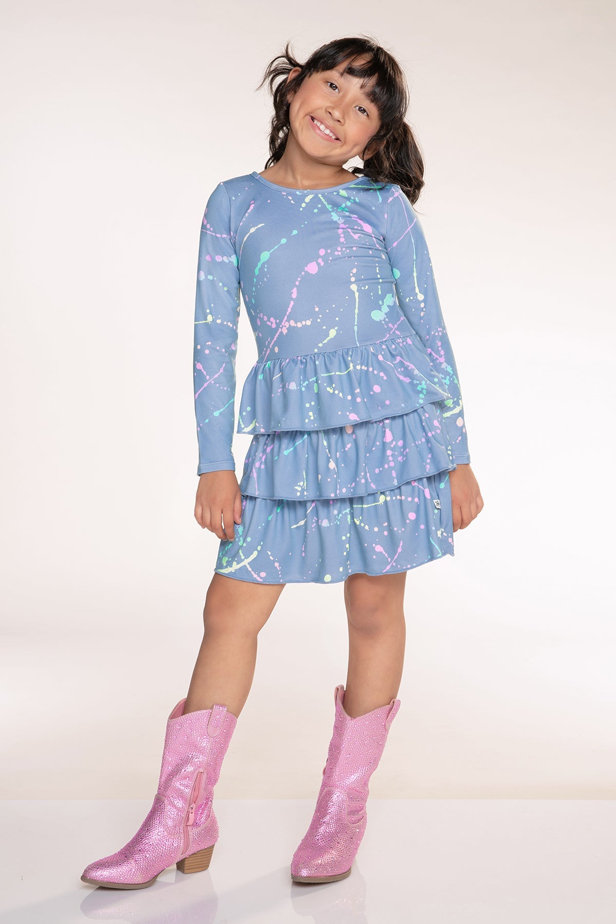 Simply Soft Long Sleeve Triple Ruffle Skirt Dress - Denim Rainbow Splatter - NEW!