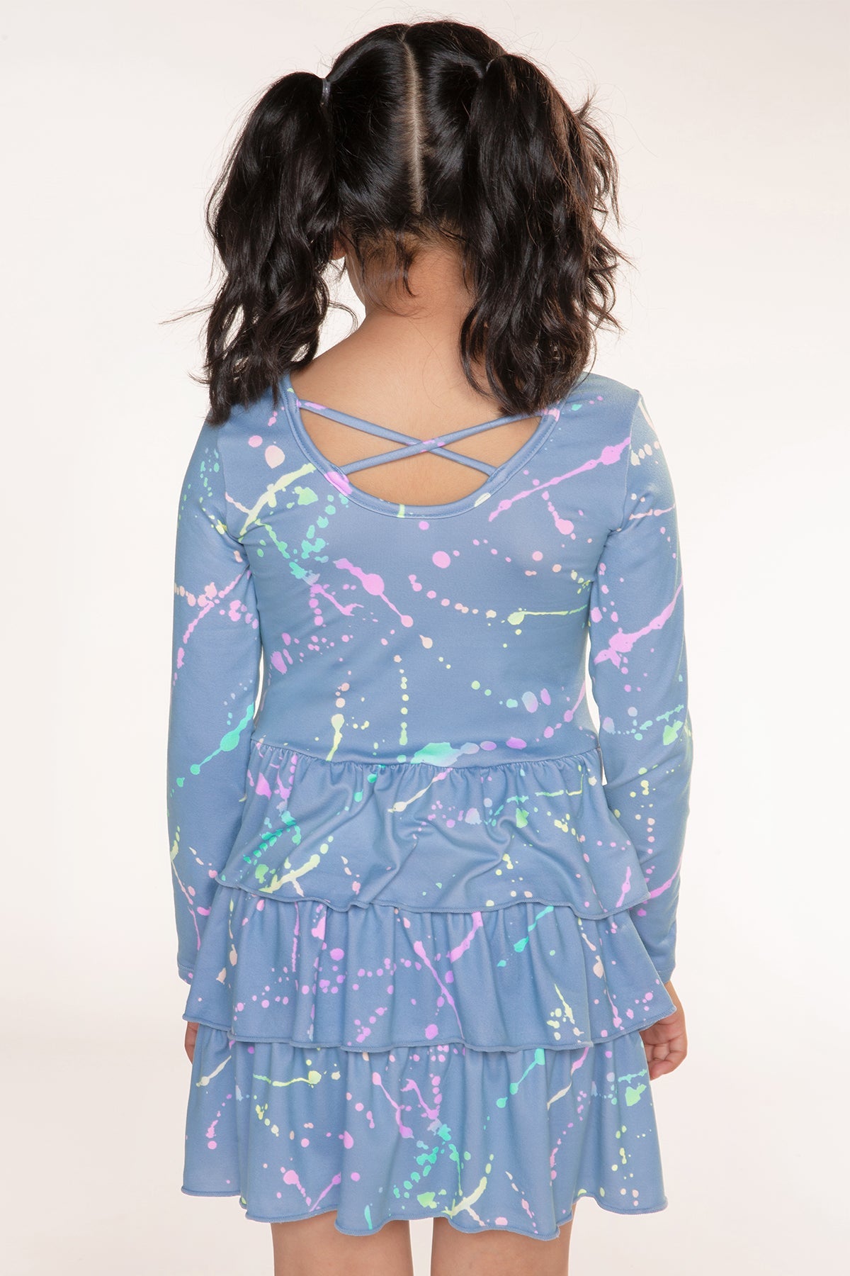 Simply Soft Long Sleeve Triple Ruffle Skirt Dress - Denim Rainbow Splatter - NEW!