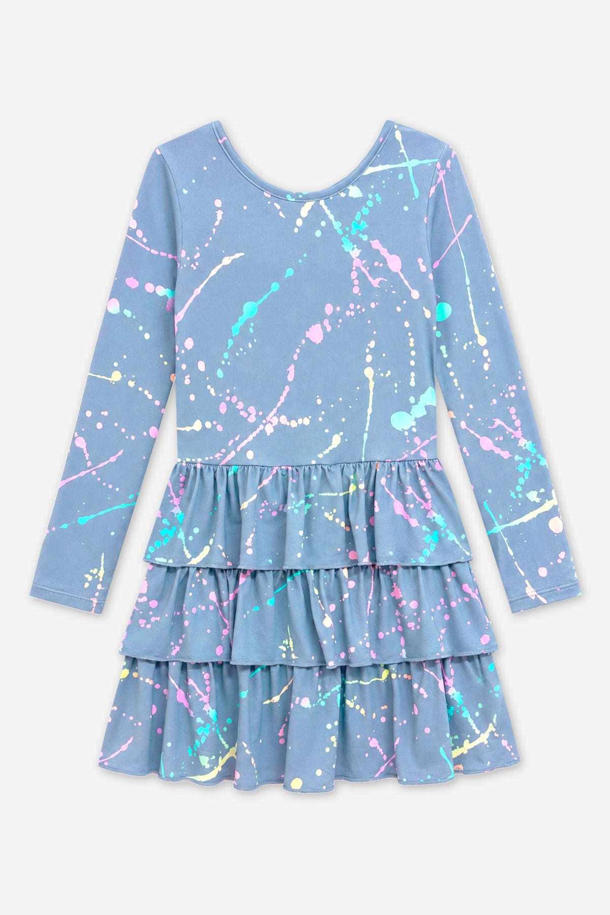 Simply Soft Long Sleeve Triple Ruffle Skirt Dress - Denim Rainbow Splatter - NEW!