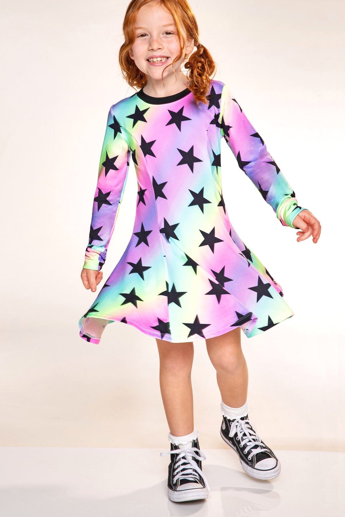 Simply Soft Long Sleeve Twirl Dress - Rainbow Star - NEW!