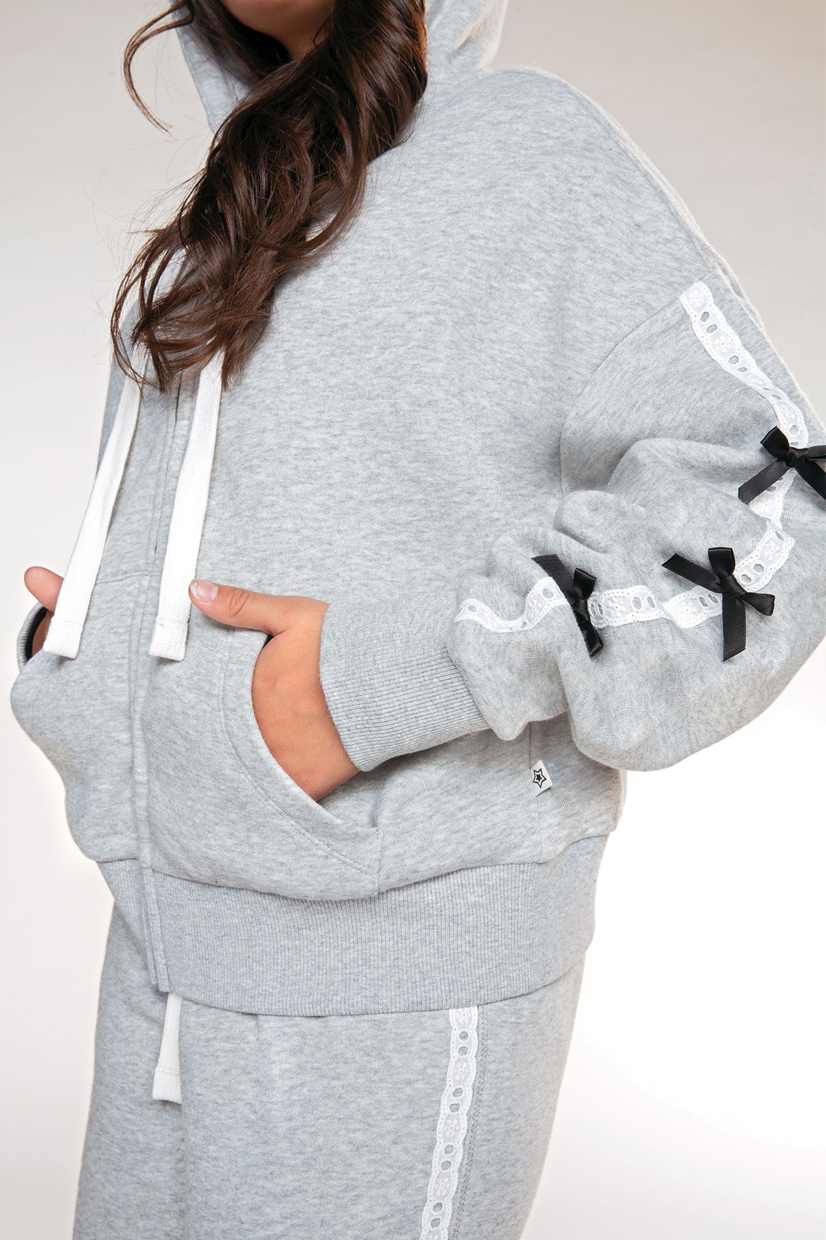 Butter French Terry Drop Shoulder Zip Hoodie - Black Pink Bow - NEW!