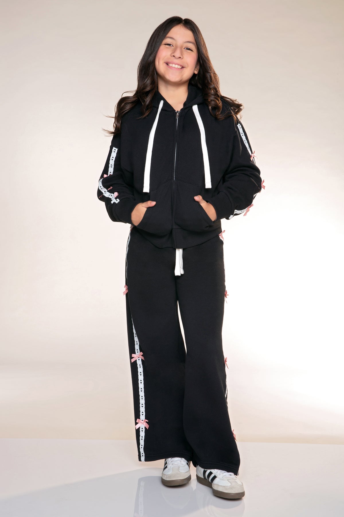 Butter French Terry Drop Shoulder Zip Hoodie - Black Pink Bow - NEW!