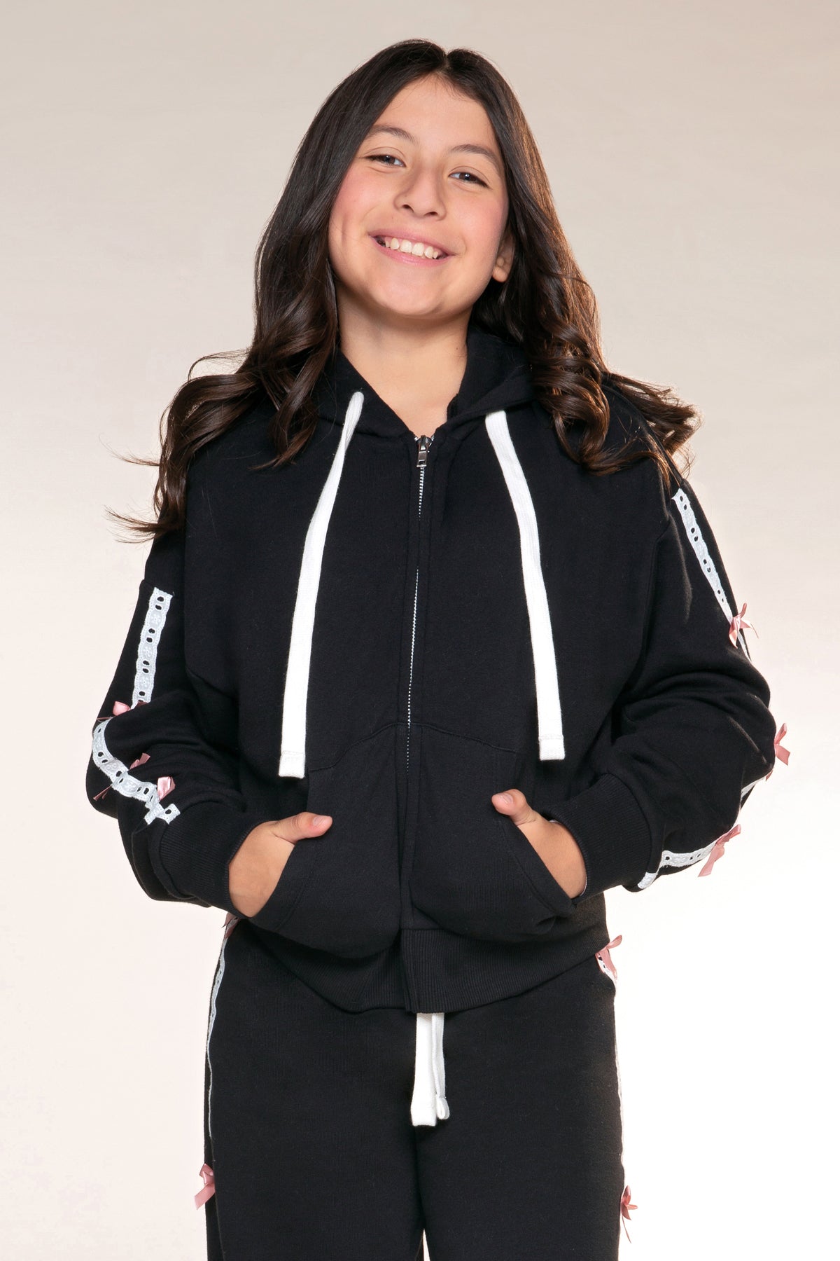 Butter French Terry Drop Shoulder Zip Hoodie - Black Pink Bow - NEW!