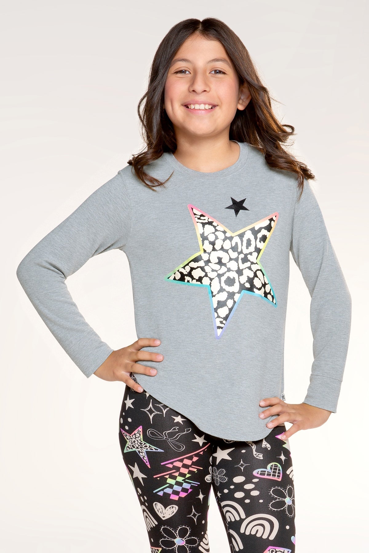 Modal Long Sleeve Shirttail Top - Heather Grey Leopard Star - NEW!