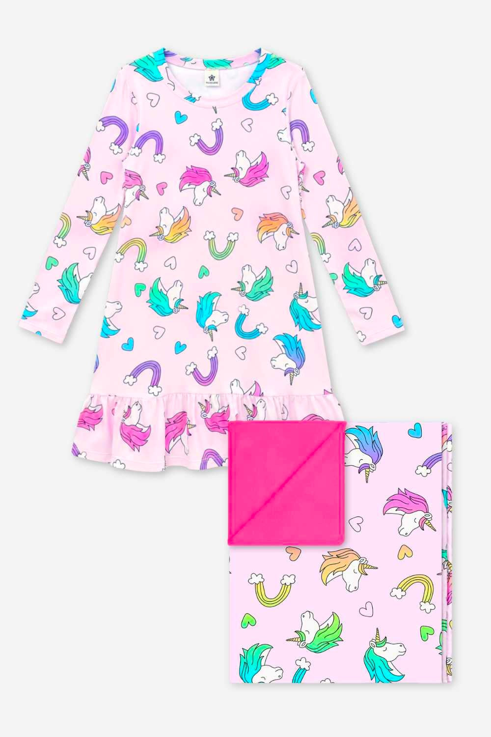 Gift Set - Lounge Dress & Cozy Blanket - Pink Rainbow Unicorn - NEW!