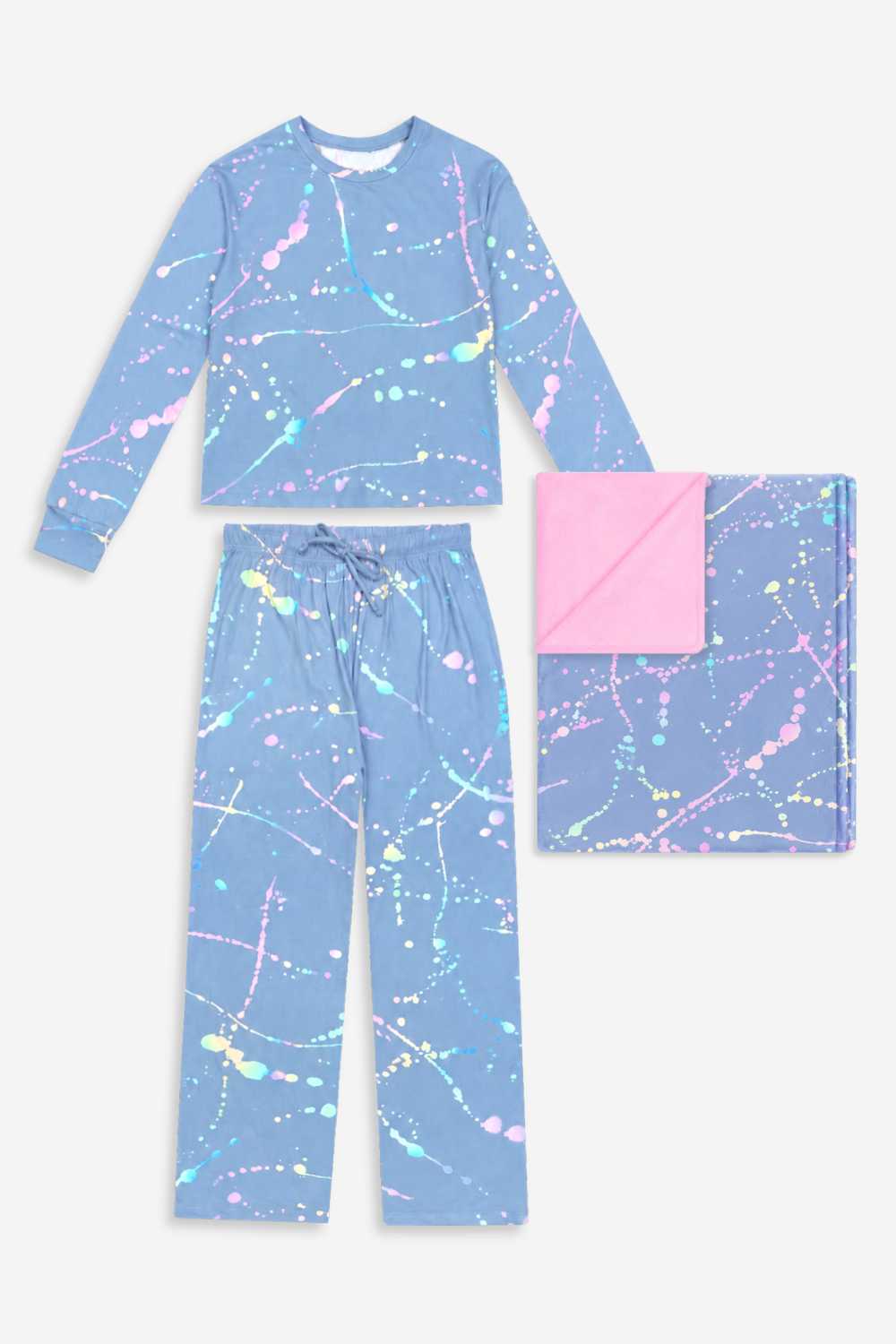 Gift Set - Wide Leg Lounge Set & Cozy Blanket - Denim Rainbow Splatter - NEW!