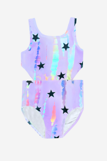 High Shine Cutout One Piece Swimsuit - Hologram Batik Stars