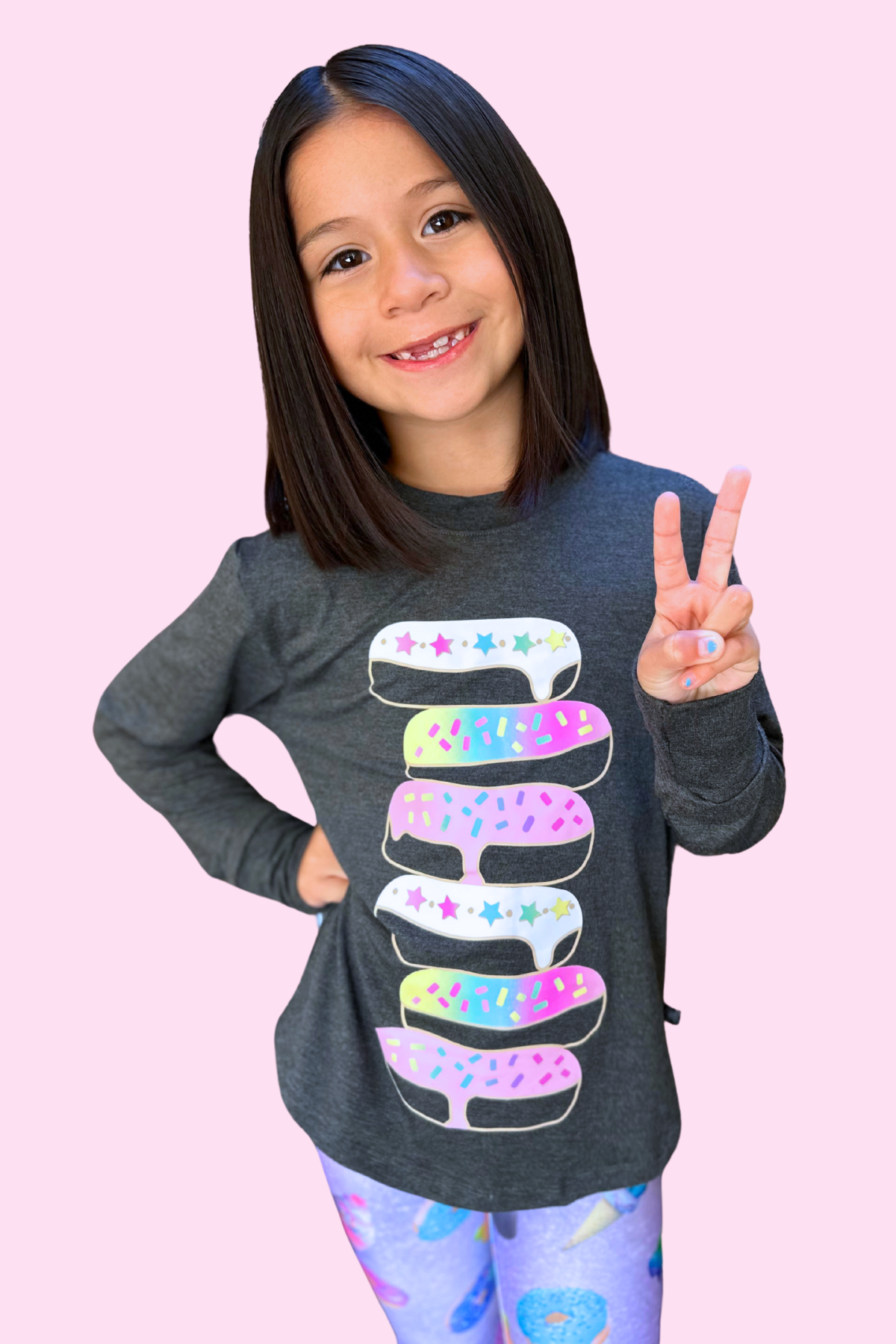 Modal Long Sleeve Shirttail Top - Black Rainbow Peace Love