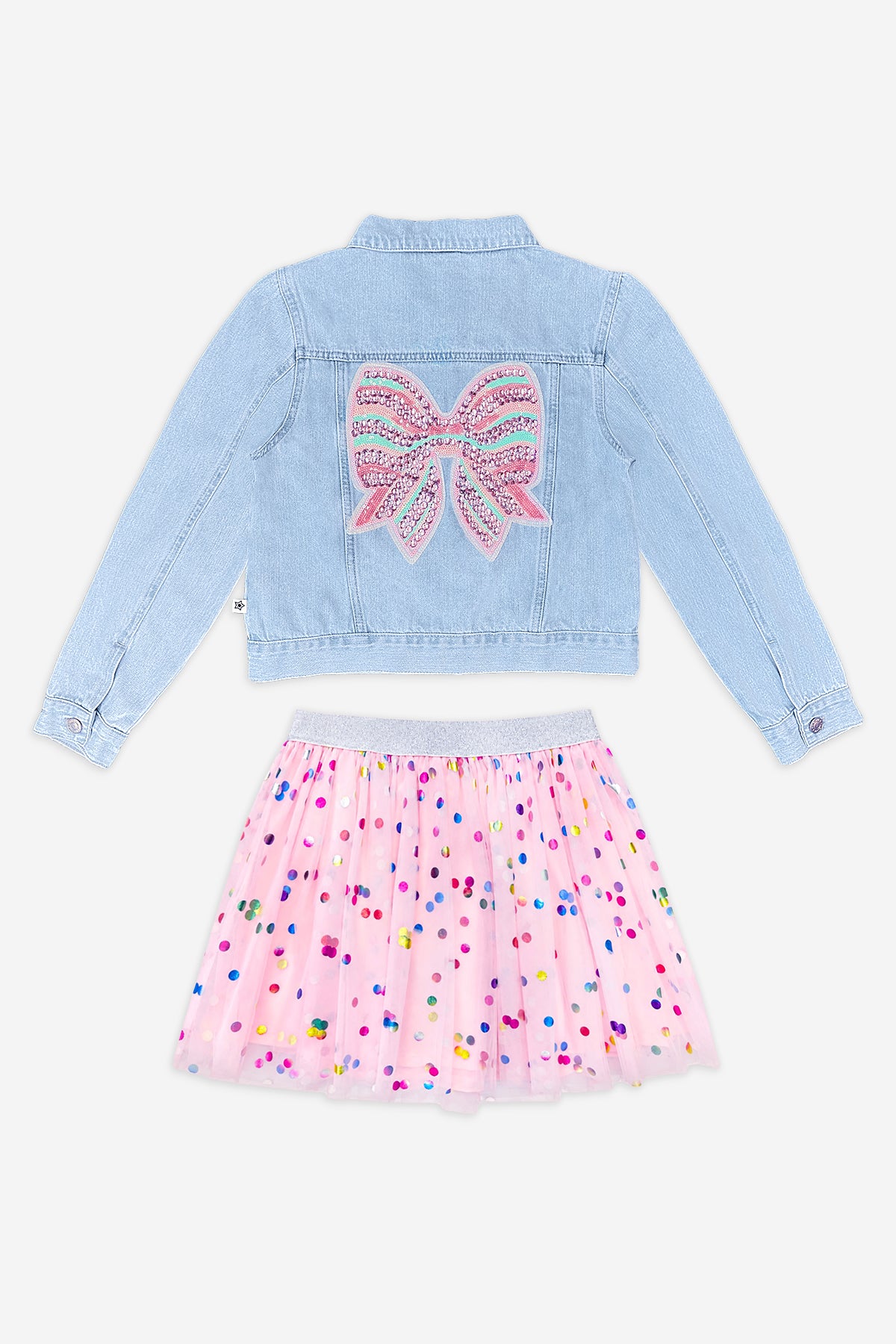 2 Pack Denim Jacket & Tulle Skirt Set - Bow - Lt Denim Pink Bow | Pink Foil Confetti - NEW!