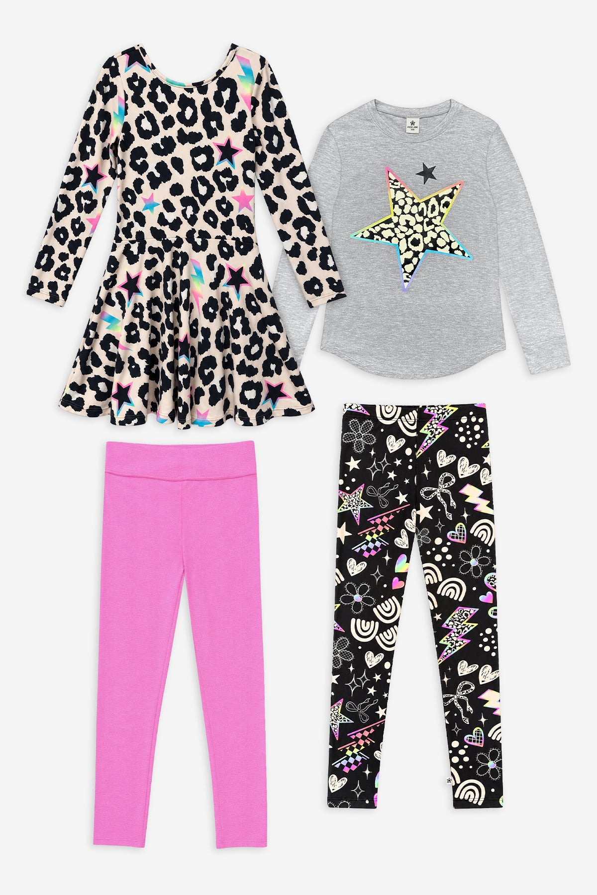 4 Pack Long Sleeve Skater Dress, Shirttail Top & Leggings Set - Leopard - Taupe Leopard | Grey Leopard | Pop Pink | Black Icons - NEW!