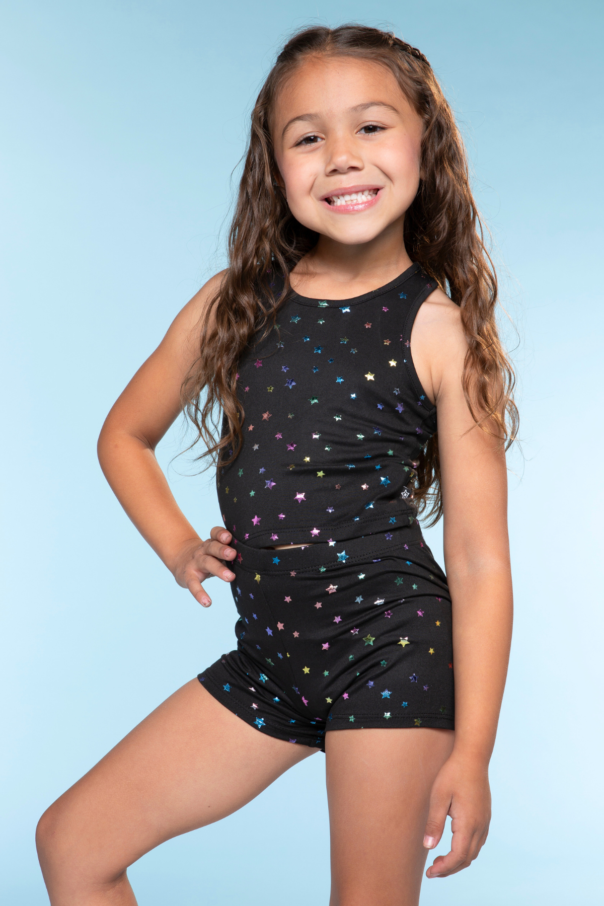 Simply Soft Cropped Racerback Tank & Tumble Short - Lilac Rainbow Foil Hearts & Stars - NEW!