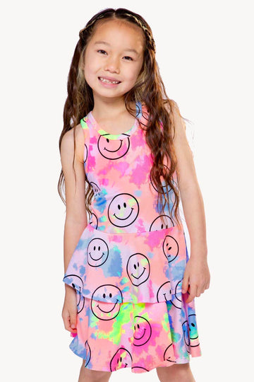 Simply Soft Racerback Ruffle Skirt Dress - Neon Rainbow Smiley