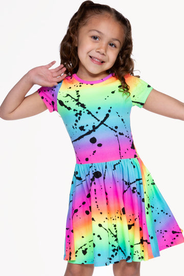 Simply Soft Scoop Back Be Happy Dress - Rainbow Ombré Black Splatter