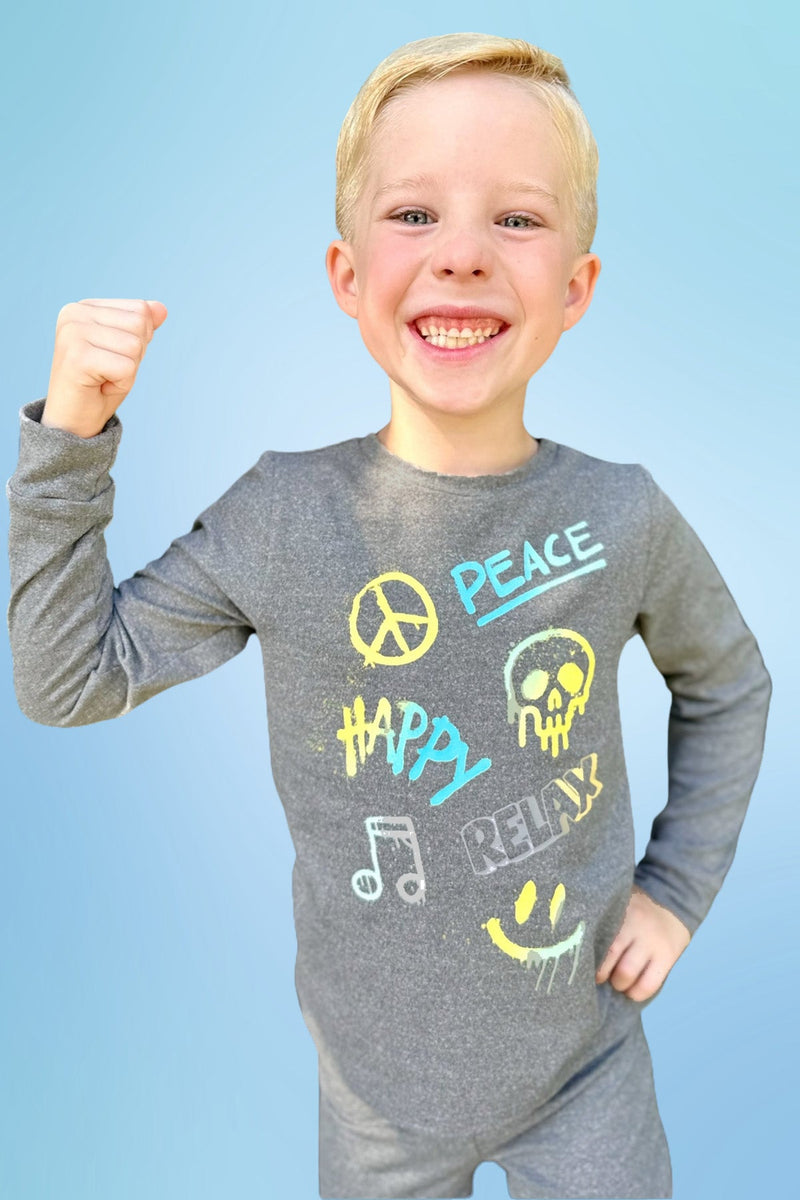 Simply Soft Long Sleeve Crew & Slim Lounge Bottom - Charcoal Multi Graffiti