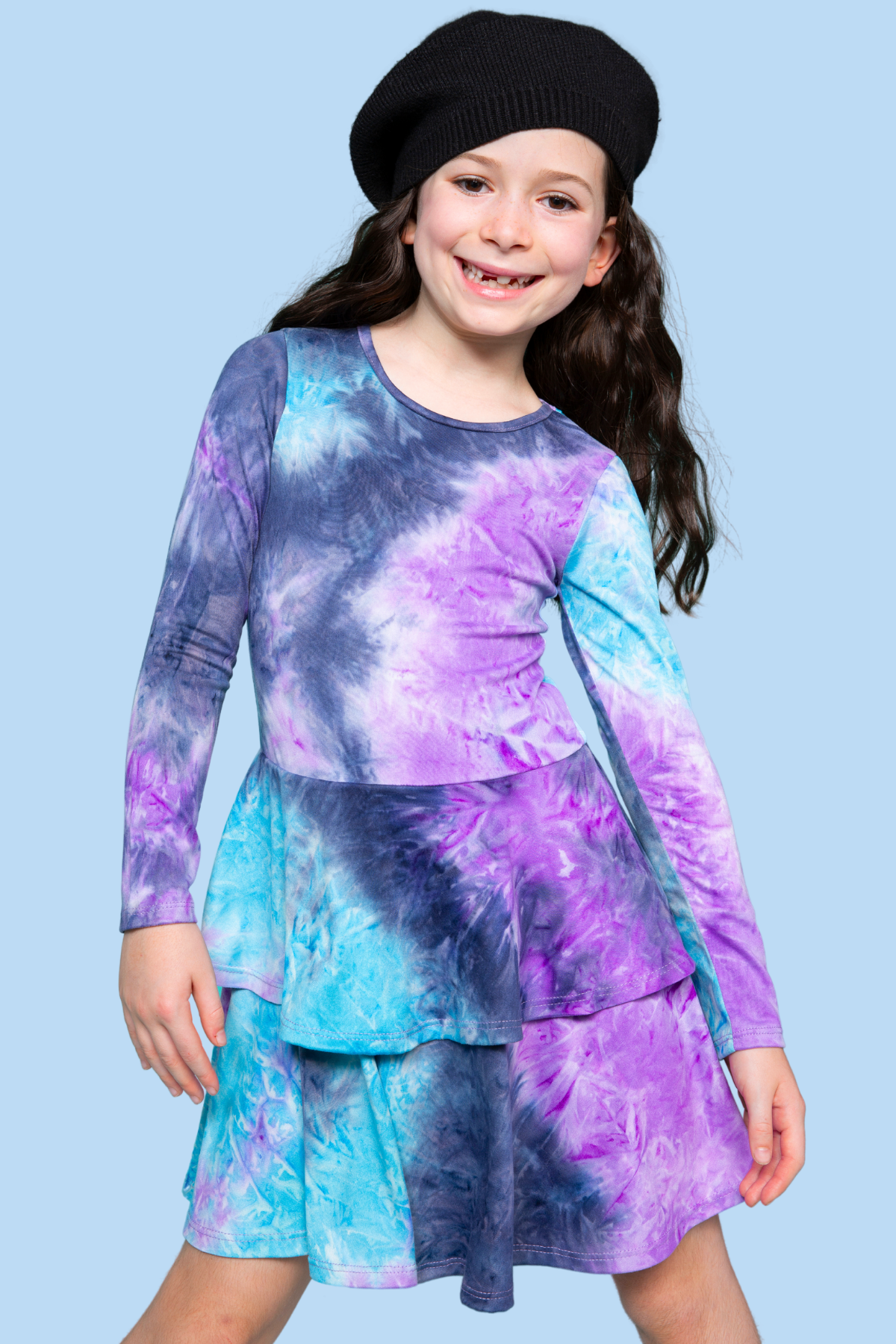 Simply Soft Long Sleeve Ruffle Skirt Dress - Pink Grey Tie Dye Stars