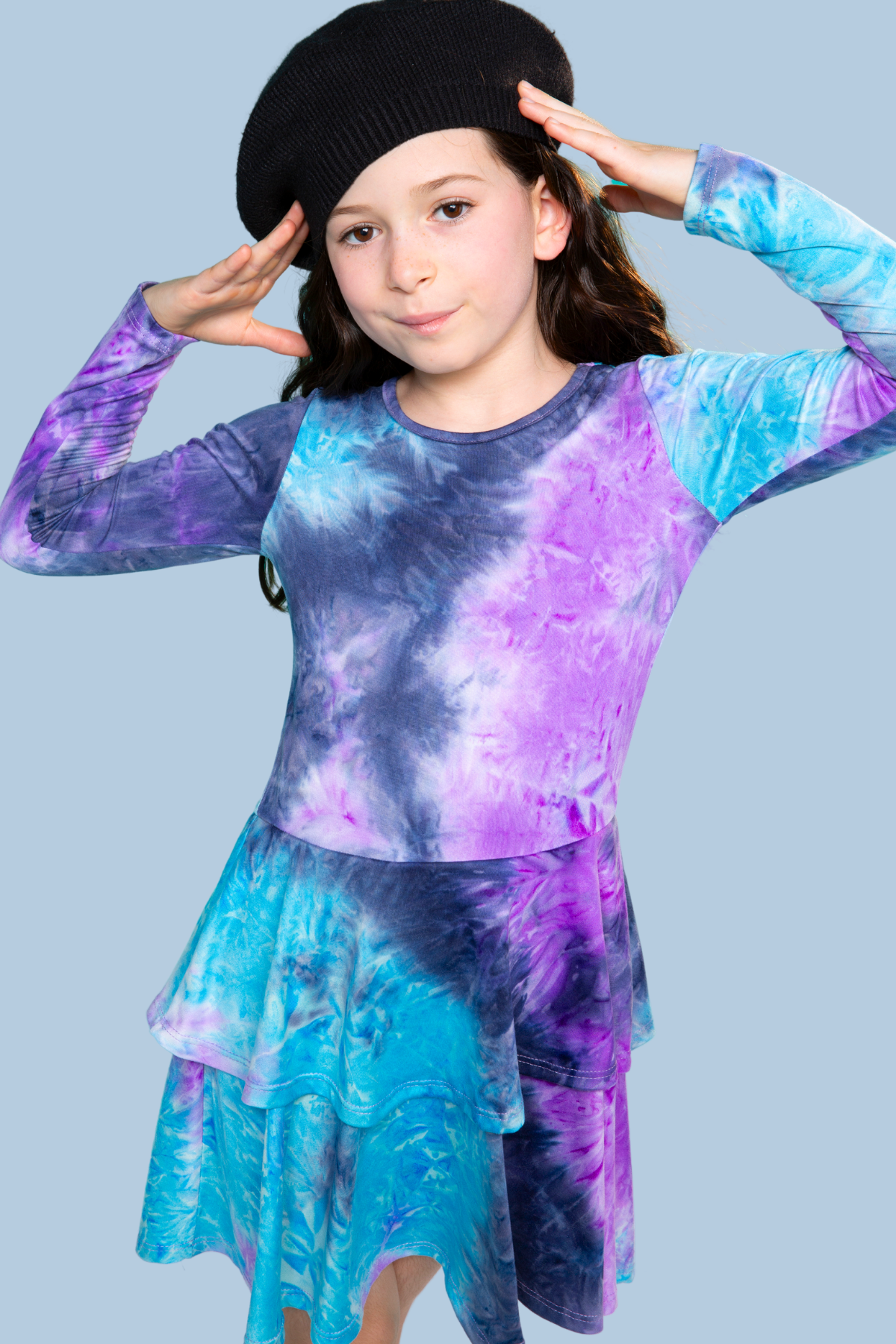 Simply Soft Long Sleeve Ruffle Skirt Dress - Pink Grey Tie Dye Stars