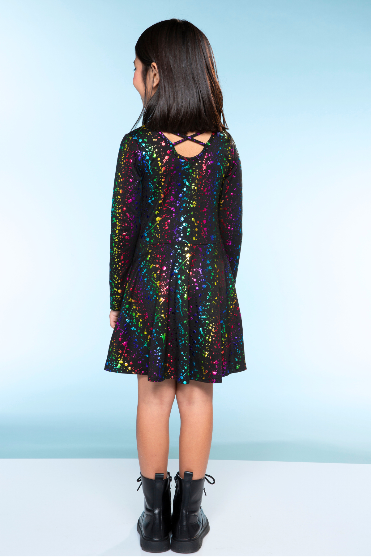 Simply Soft Long Sleeve Skater Dress - Black Tie Dye Rainbow Icons