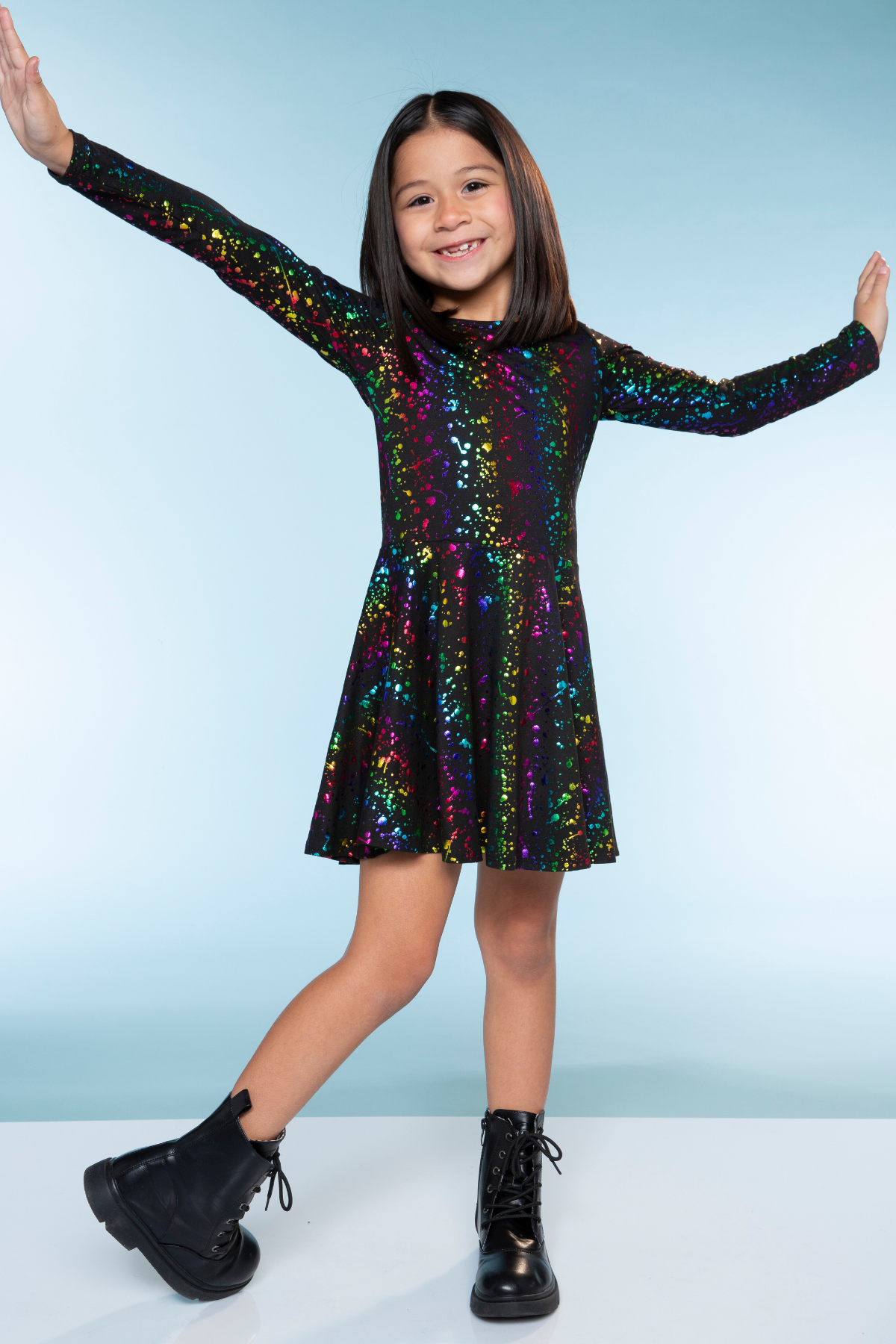 Simply Soft Long Sleeve Skater Dress - Black Tie Dye Rainbow Icons