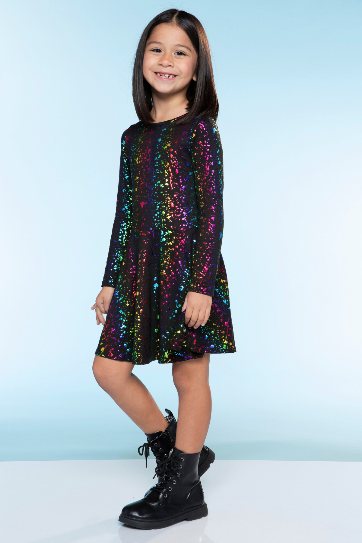 Simply Soft Long Sleeve Skater Dress - Black Tie Dye Rainbow Icons