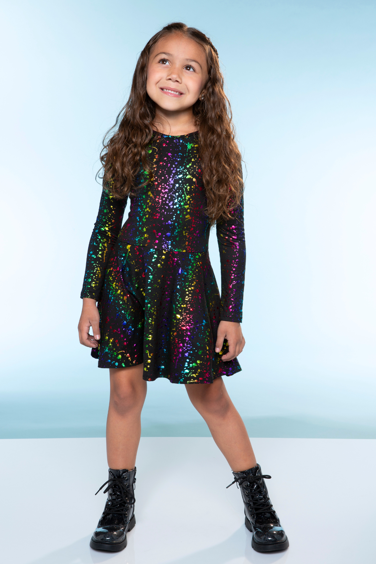 Simply Soft Long Sleeve Skater Dress - Black Tie Dye Rainbow Icons