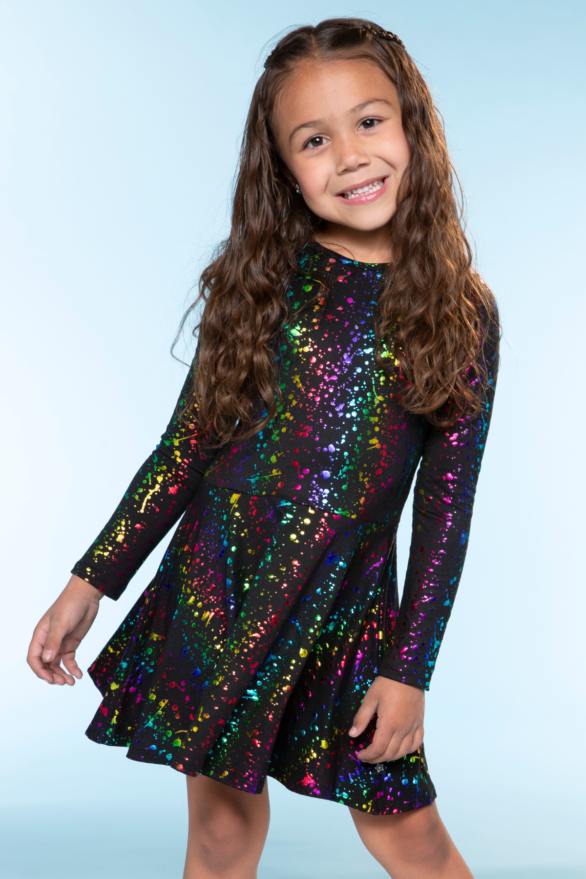 Simply Soft Long Sleeve Skater Dress - Black Tie Dye Rainbow Icons