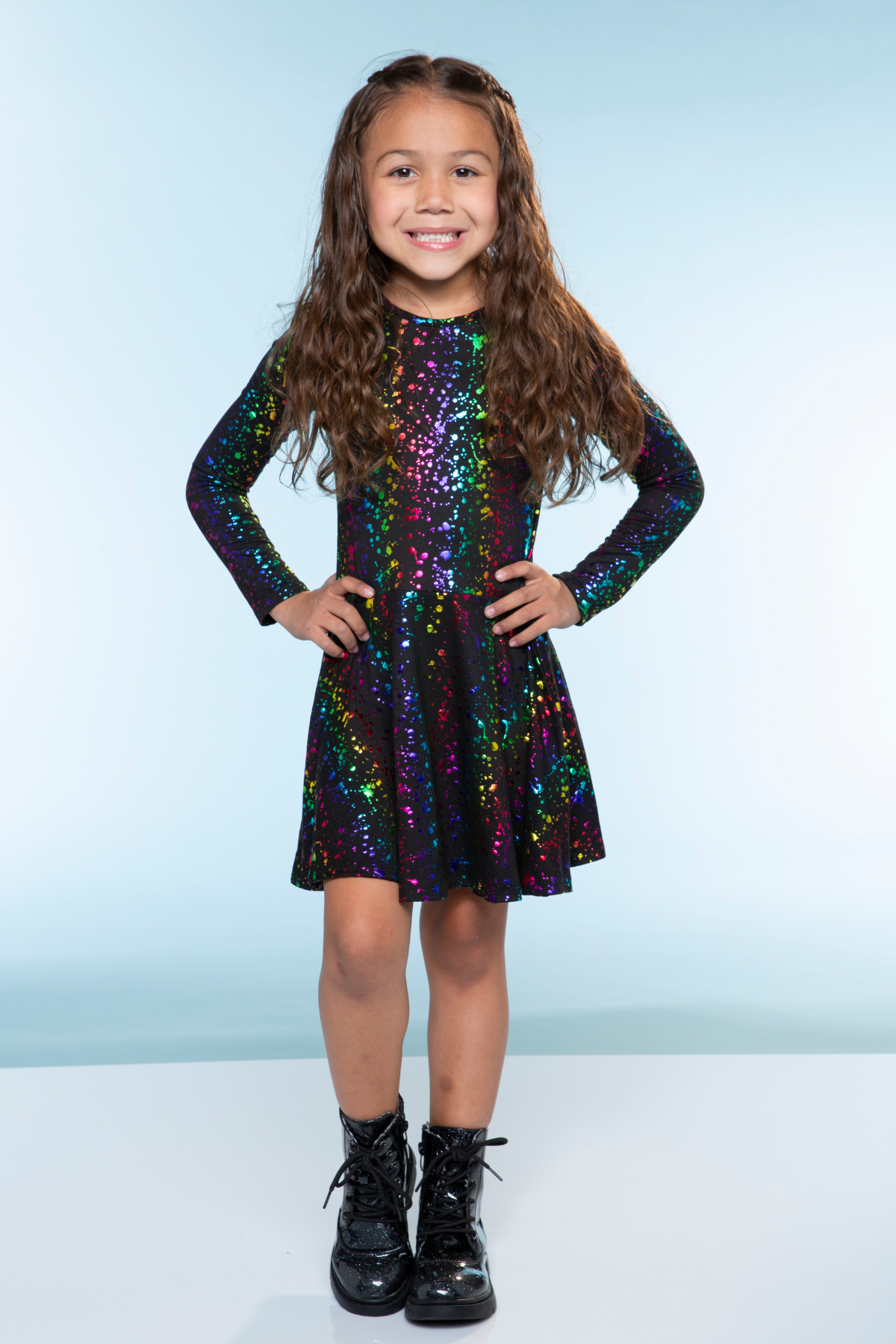 Simply Soft Long Sleeve Skater Dress - Black Tie Dye Rainbow Icons