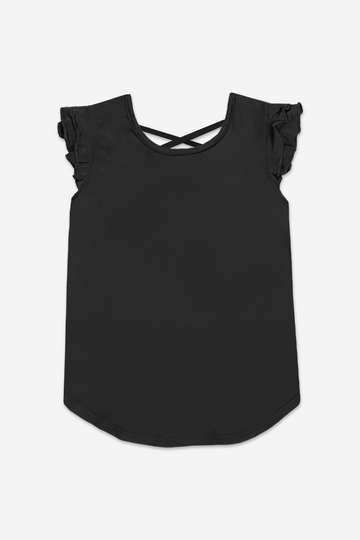 Simply Soft Flutter Sleeve Cross-Back Shirttail Top - Black