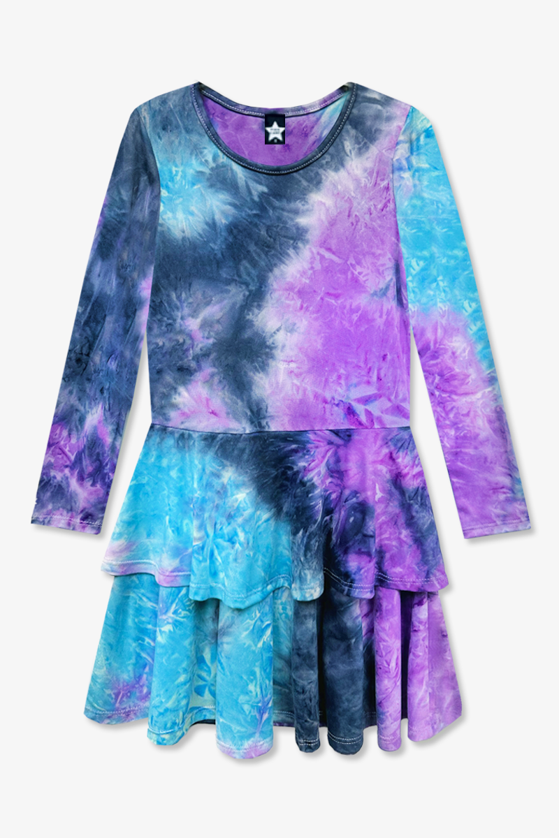 Simply Soft Long Sleeve Ruffle Skirt Dress - Pink Grey Tie Dye Stars