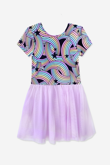 Simply Soft Short Sleeve Be Happy Tulle Dress - Black Pastel Rainbow Stars