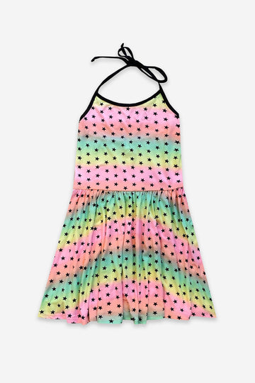 Simply Soft Strappy Be Happy Halter Dress - Washed Neon Pastel Stars