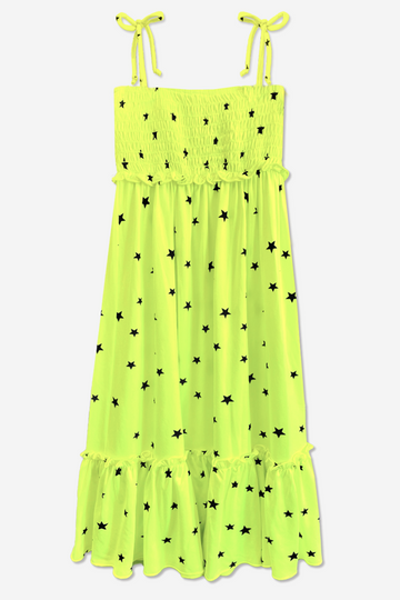 Simply Soft Tiered Smocked Maxi Dress - Neon Lemon Black Stars