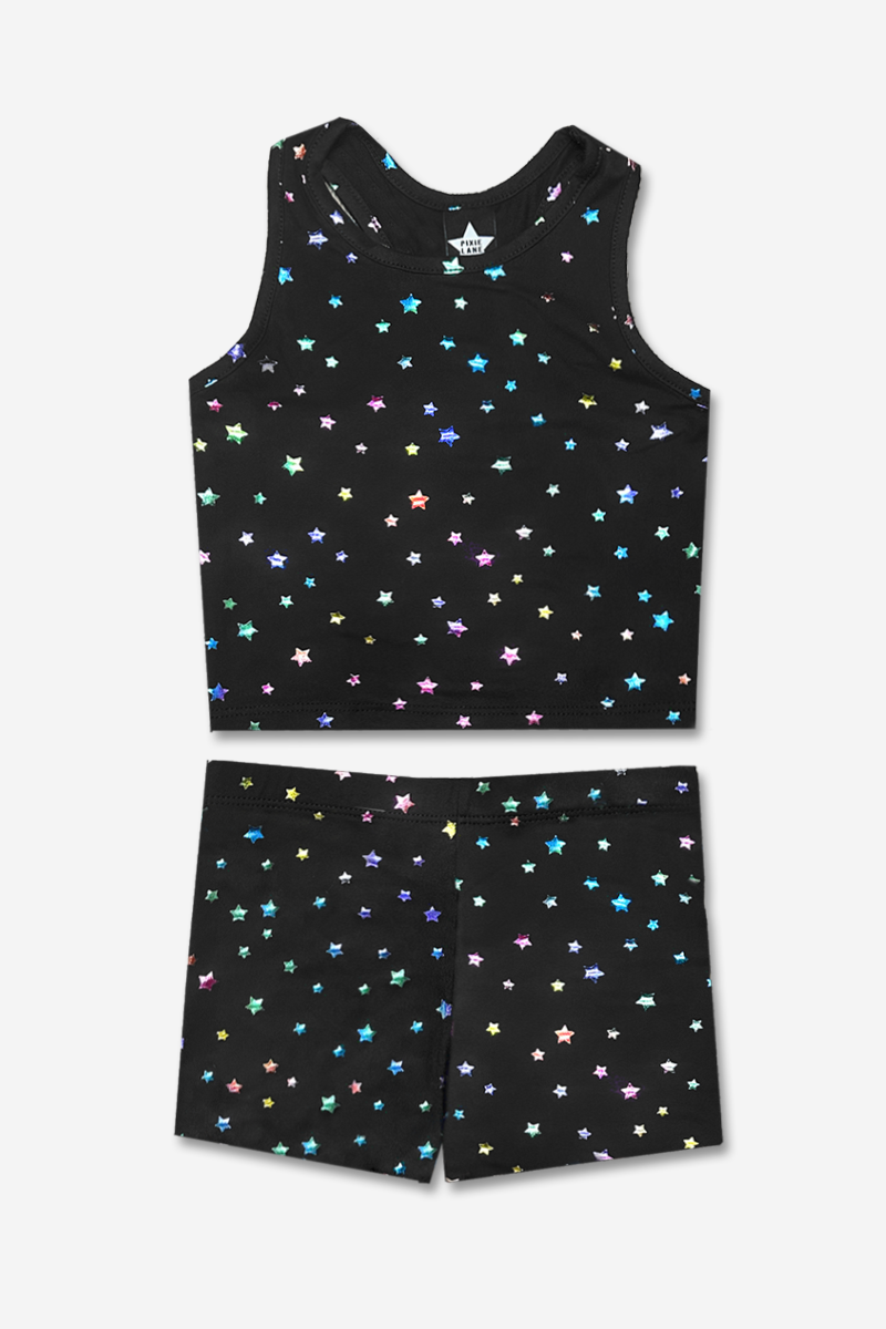 Simply Soft Cropped Racerback Tank & Tumble Short - Lilac Rainbow Foil Hearts & Stars - NEW!
