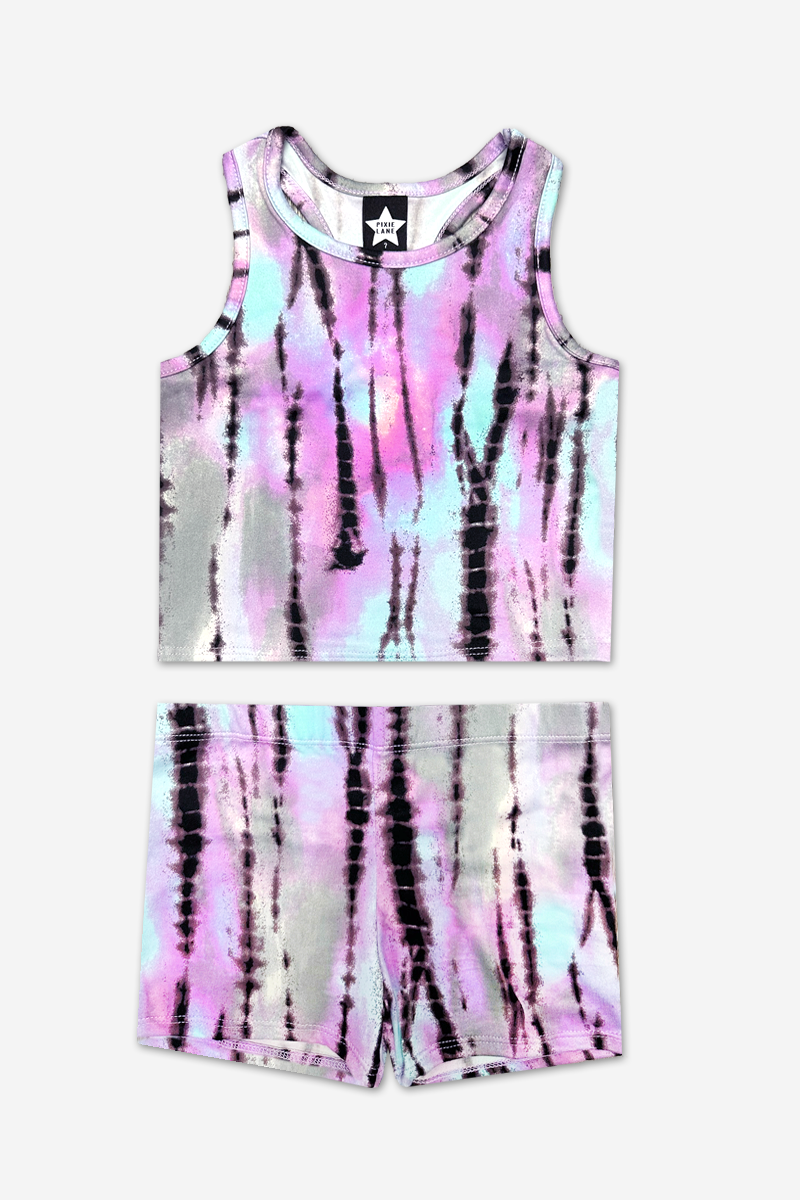 Simply Soft Cropped Racerback Tank & Tumble Short - Lilac Rainbow Foil Hearts & Stars - NEW!