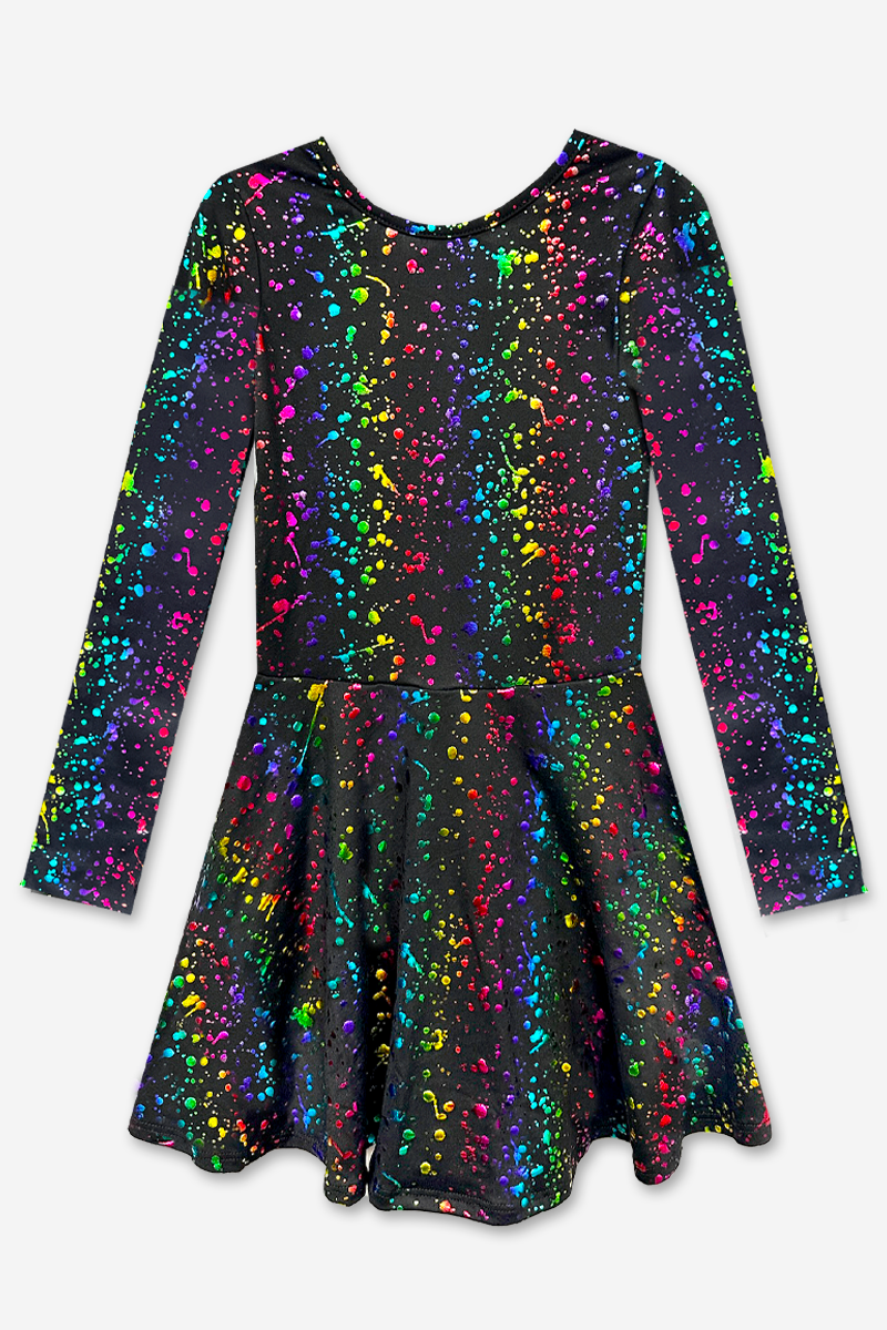 Simply Soft Long Sleeve Skater Dress - Black Tie Dye Rainbow Icons