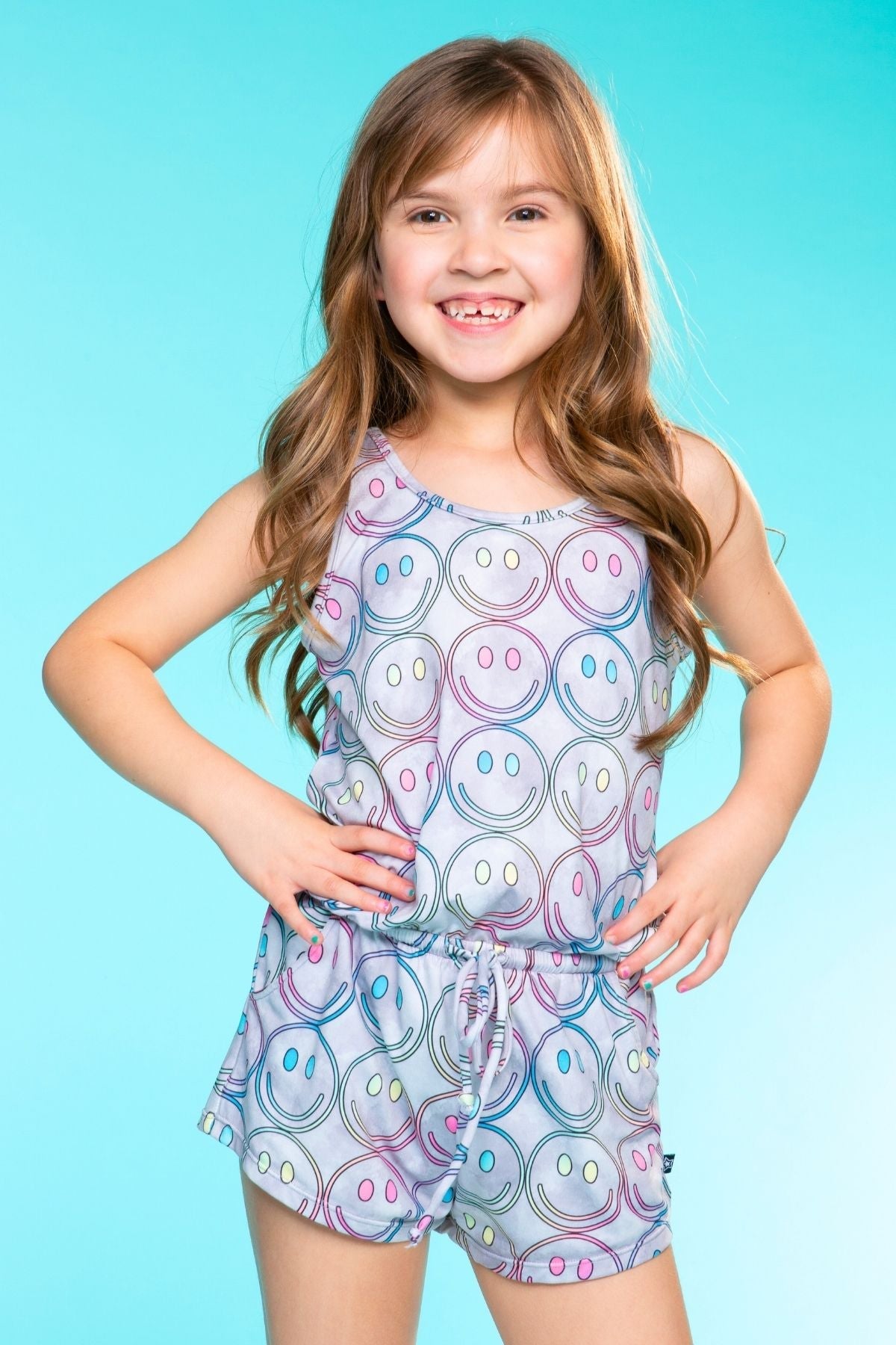 Simply Soft Tank Romper - Denim Rainbow Graffiti
