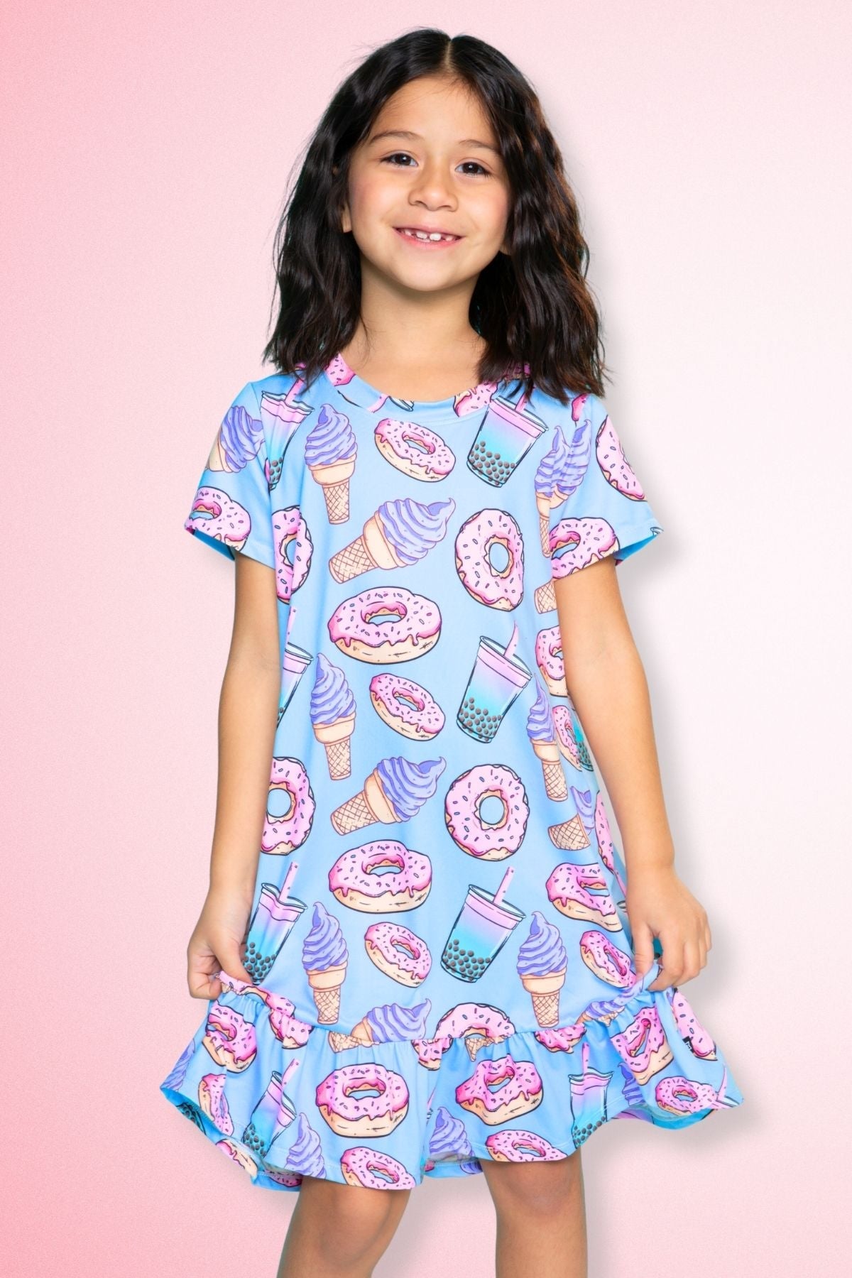 Simply Soft Short Sleeve Ruffle Lounge Dress - Lilac Rainbow Gummy Bear