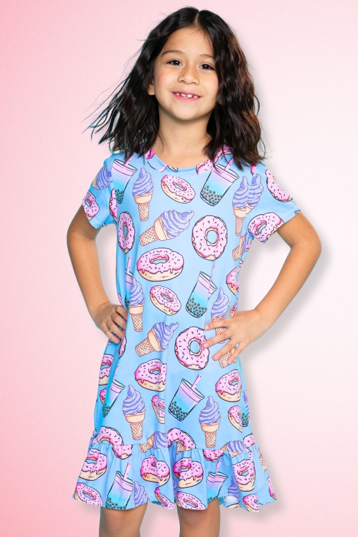 Simply Soft Short Sleeve Ruffle Lounge Dress - Lilac Rainbow Gummy Bear