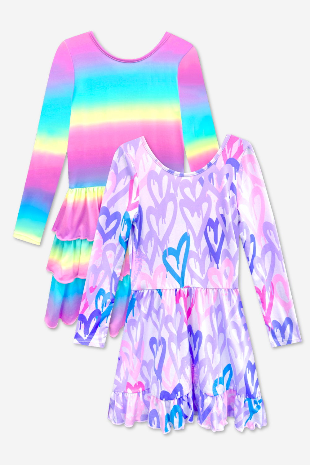 2-Pack Simply Soft L/S Dress. - Pink Birthday| Pink Rainbow Heart