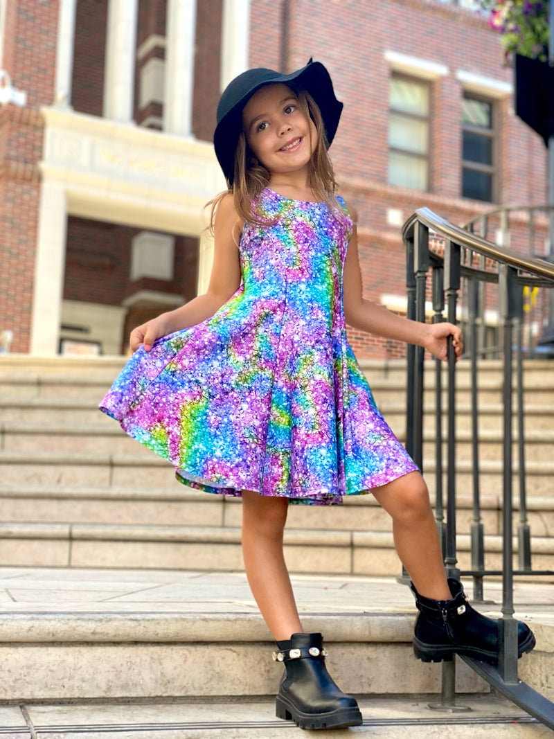 Young girl standing on the stairs wearing a tie dye dress and black bucket hat