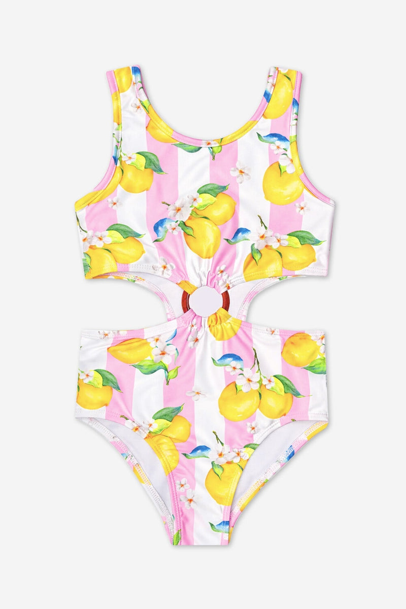 Tortoise Ring Cut-Out One Piece Swimsuit - Ivory Pink Lemon - NEW!