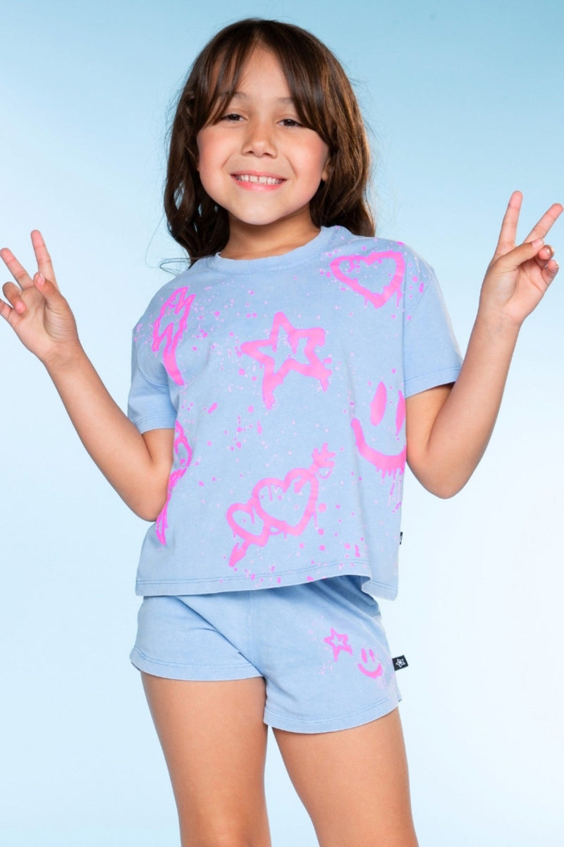 Vintage Washed Cotton Easy Tee & Dolphin Short Set - Light Blue Icons - NEW!