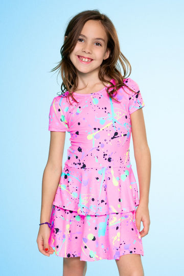 Simply Soft Short Sleeve Ruffle Skirt Dress - Pink Splatter - BOGO50!