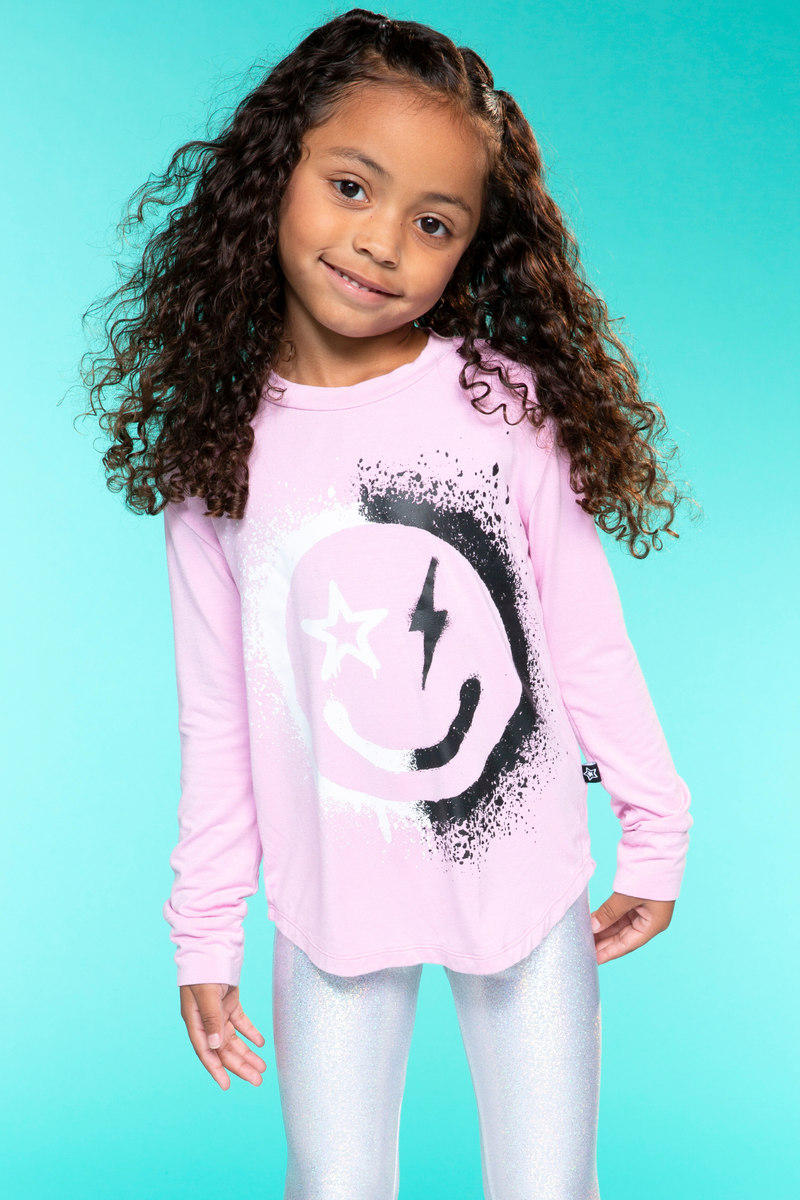 Modal Long Sleeve Shirttail Top - Candy Pink Graffiti Smiley