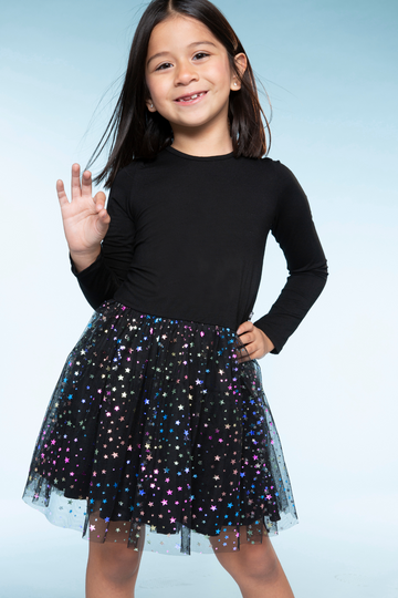 Long Sleeve Be Happy Tulle Dress - Black Rainbow Star