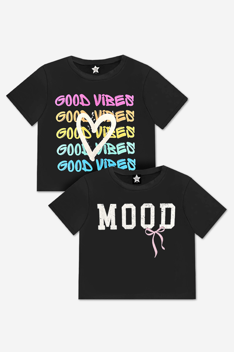 2-Pack Washed Cotton Drop Shoulder Tee - Washed Black Good Vibes | Black Mood Bow - NEW! - Image 1