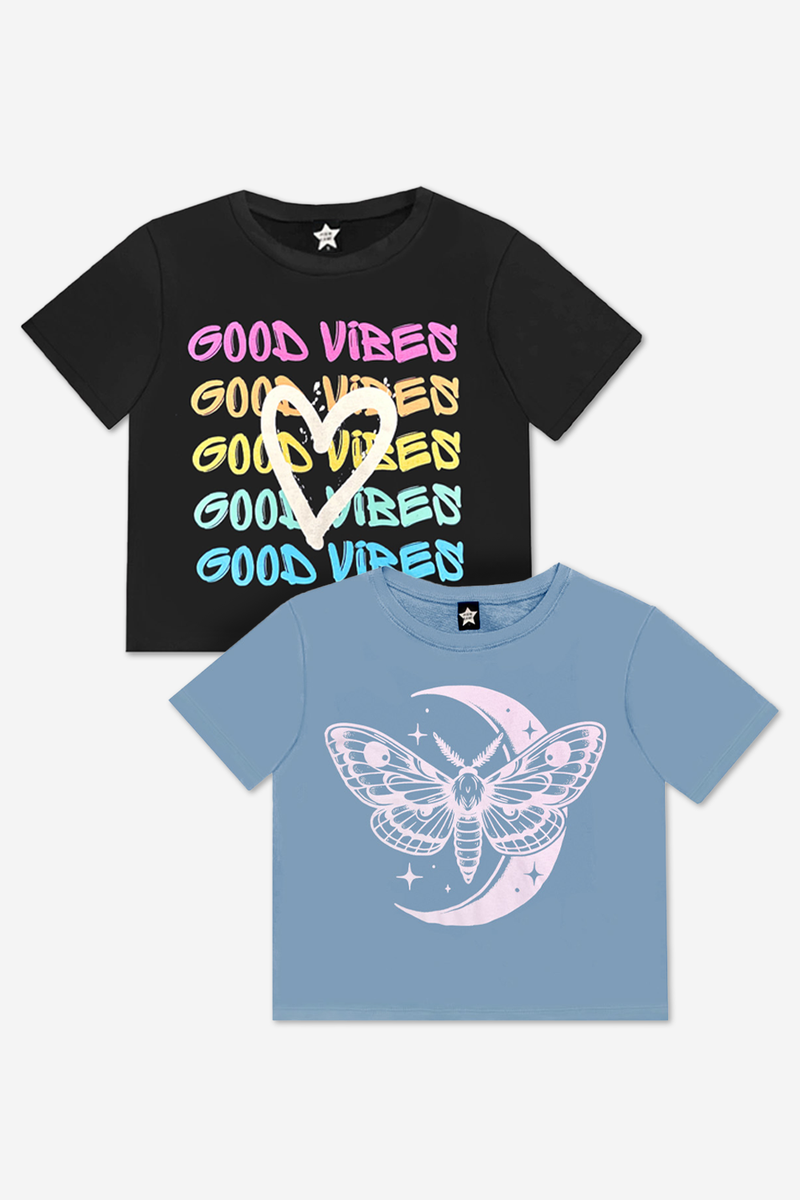 2-Pack Washed Cotton Drop Shoulder Tee - Washed Black Good Vibes | Grey Pink Moon - NEW! - Image 1
