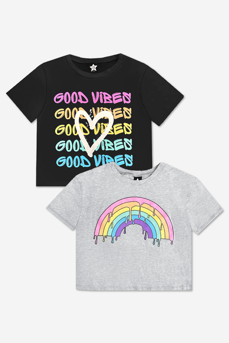 2-Pack Washed Cotton Drop Shoulder Tee - Heather Grey | Washed Black Good Vibes - NEW! - Image 1